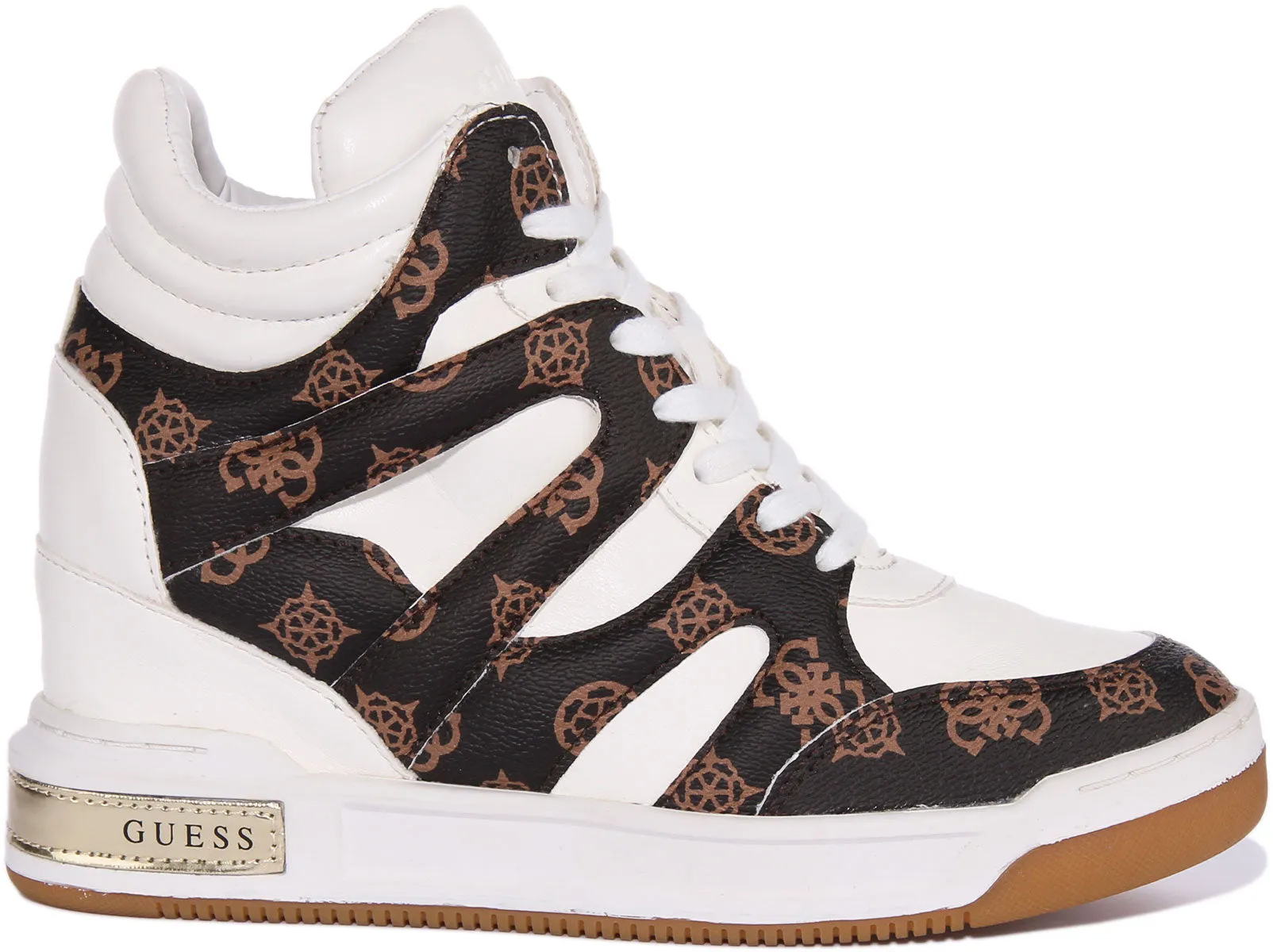 Guess Lisa Wedge Sneaker In White Brown For Women