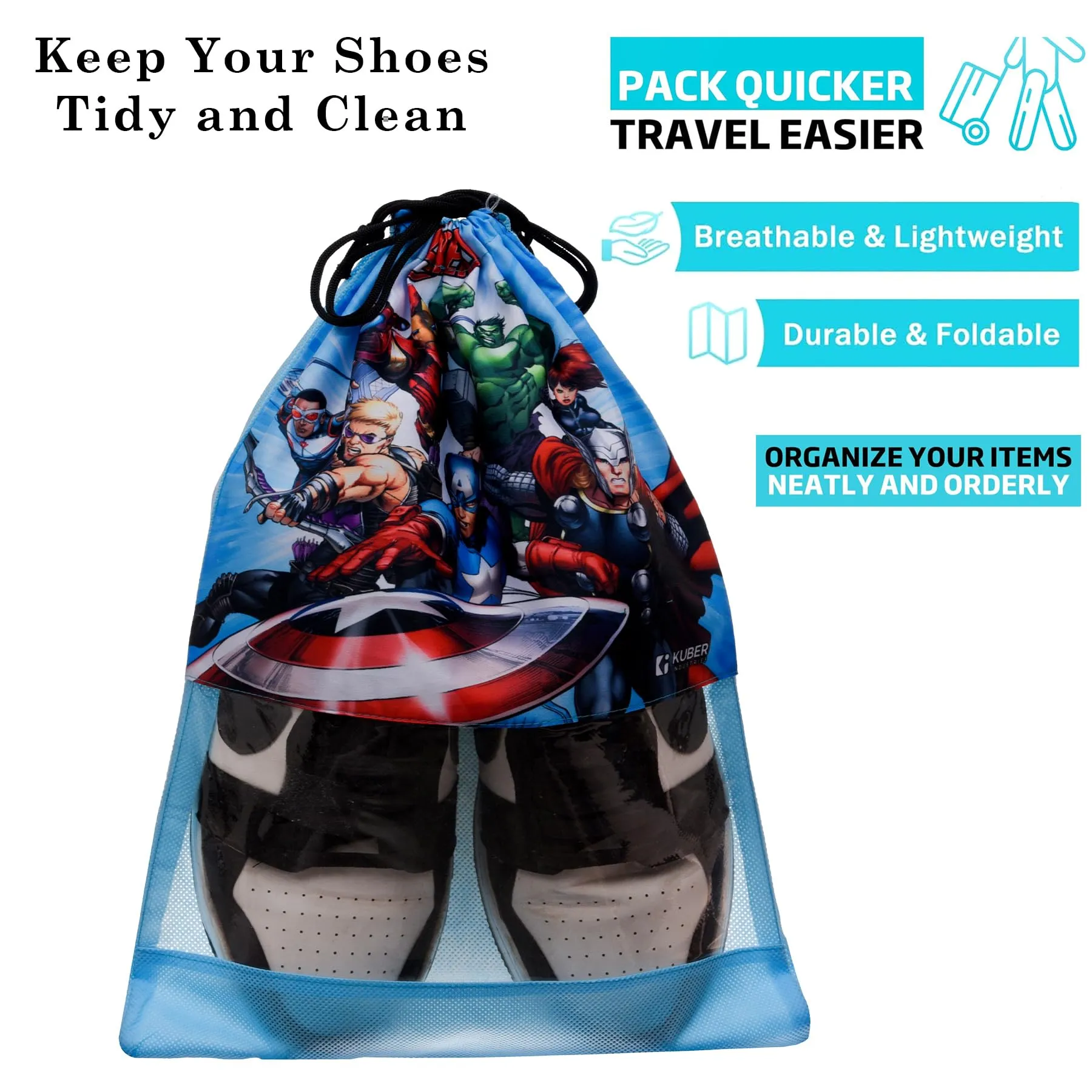 Kuber Industries Marvel Avengers Shoe Cover | Travel Shoe Storage Bags | Polyester Storage Bag | Drawstring Shoe Cover | Shoe Organizer with Clear Window | Pack of 18 | Sky Blue