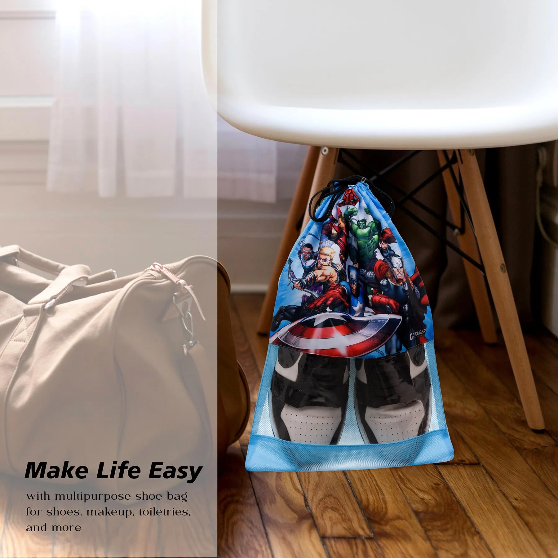 Kuber Industries Marvel Avengers Shoe Cover | Travel Shoe Storage Bags | Polyester Storage Bag | Drawstring Shoe Cover | Shoe Organizer with Clear Window | Pack of 18 | Sky Blue