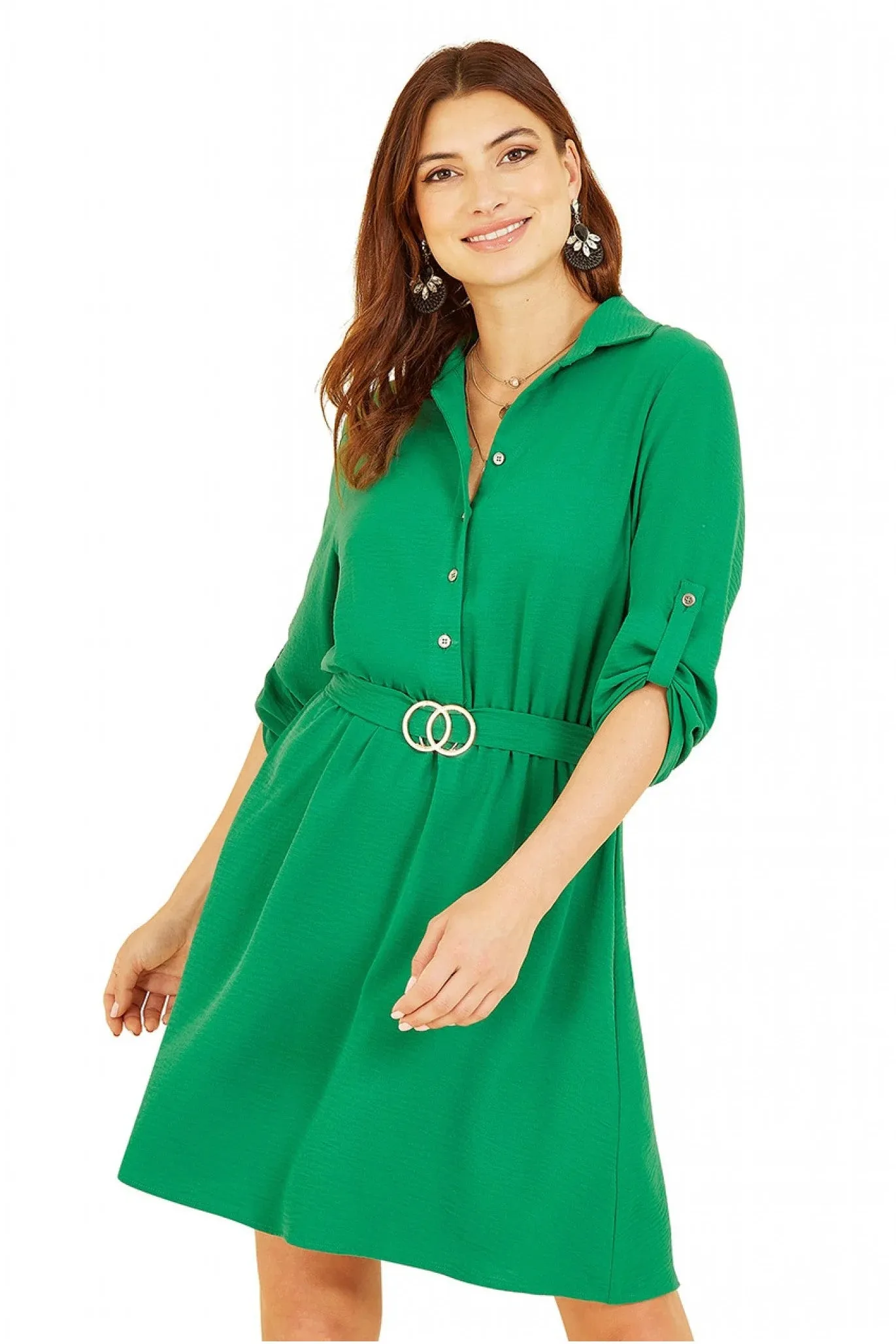 Mela London Green Belted Shirt Dress With Gold Buckle