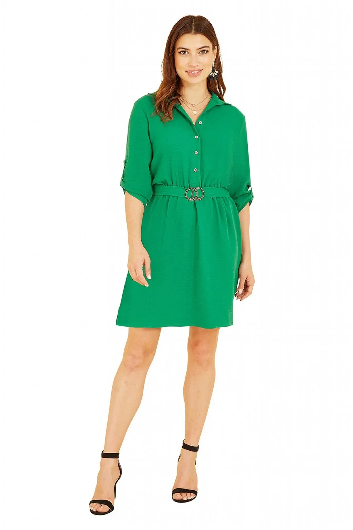 Mela London Green Belted Shirt Dress With Gold Buckle