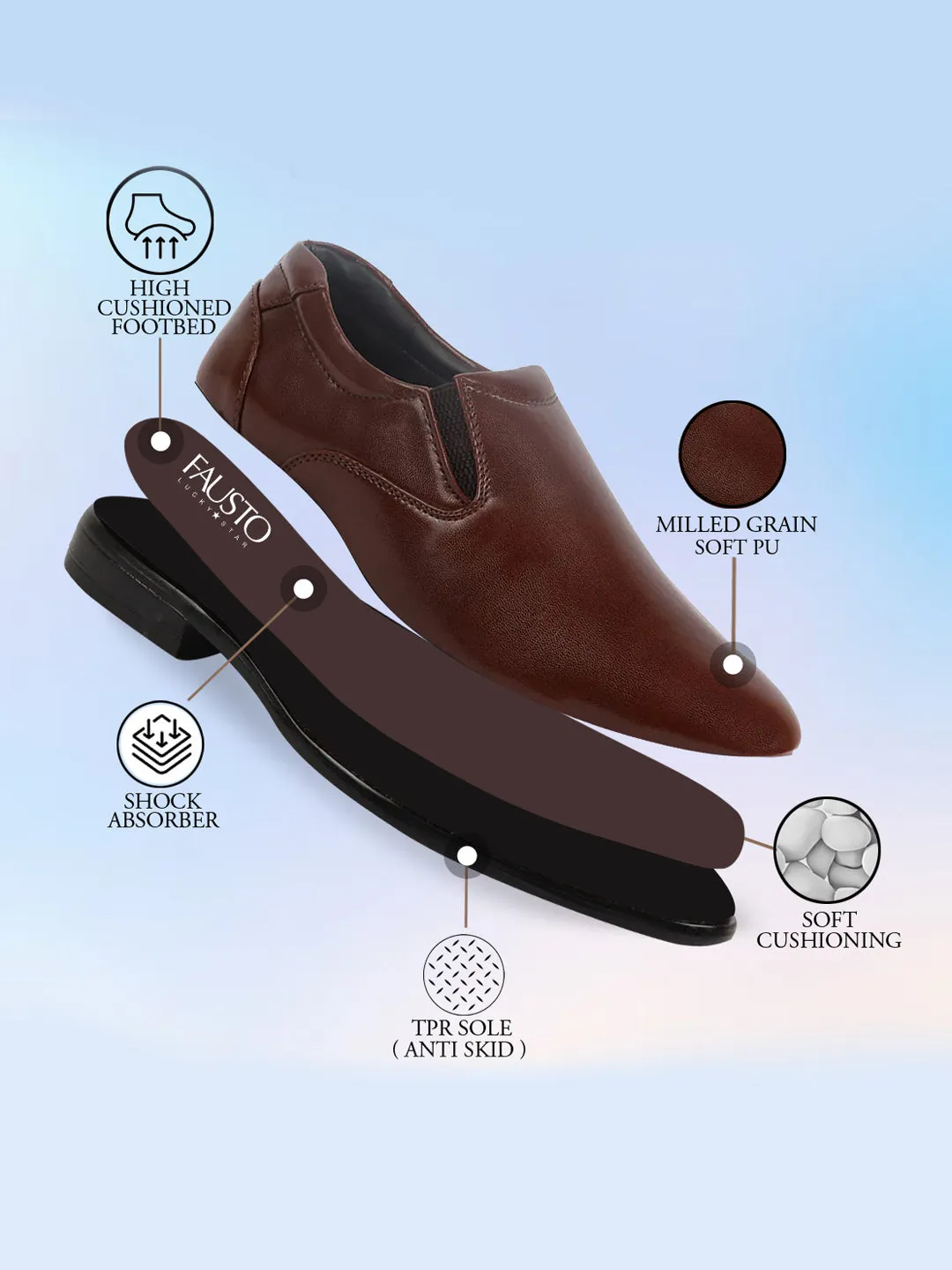 Men Brown Formal Dress Slip On Shoes With Cushioned Footbed For Office|Work|Loafer|Half Shoes|Cut Shoe