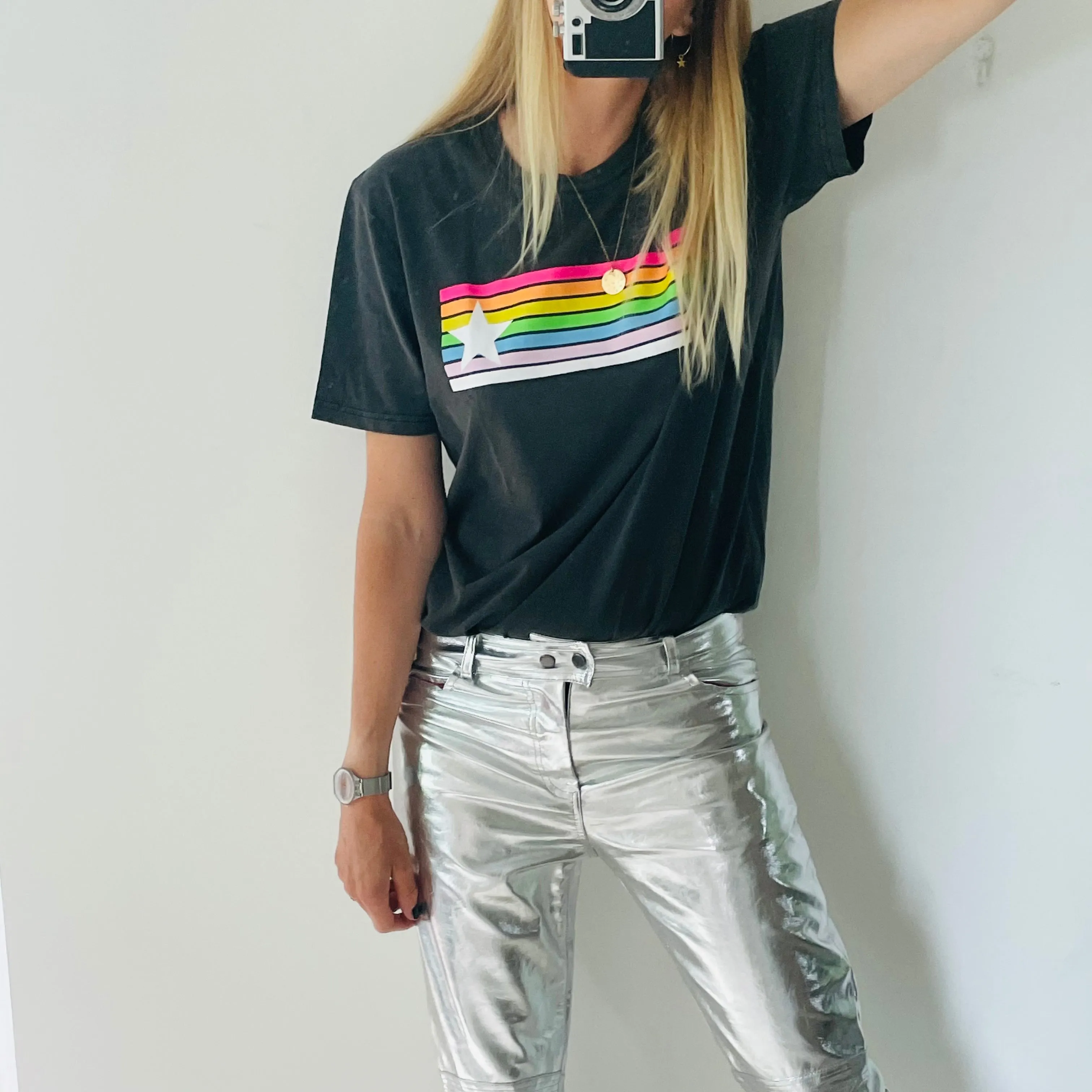 Neon rainbow star vintage grey boyfriend tee *new*