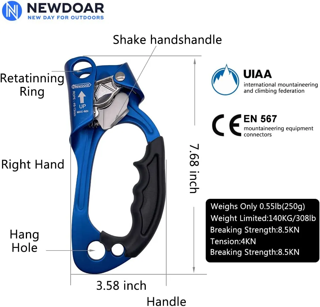 NewDoar UIAA & CE Certified Right Hand Ascender for 8~12MM Rope - Pro Blue