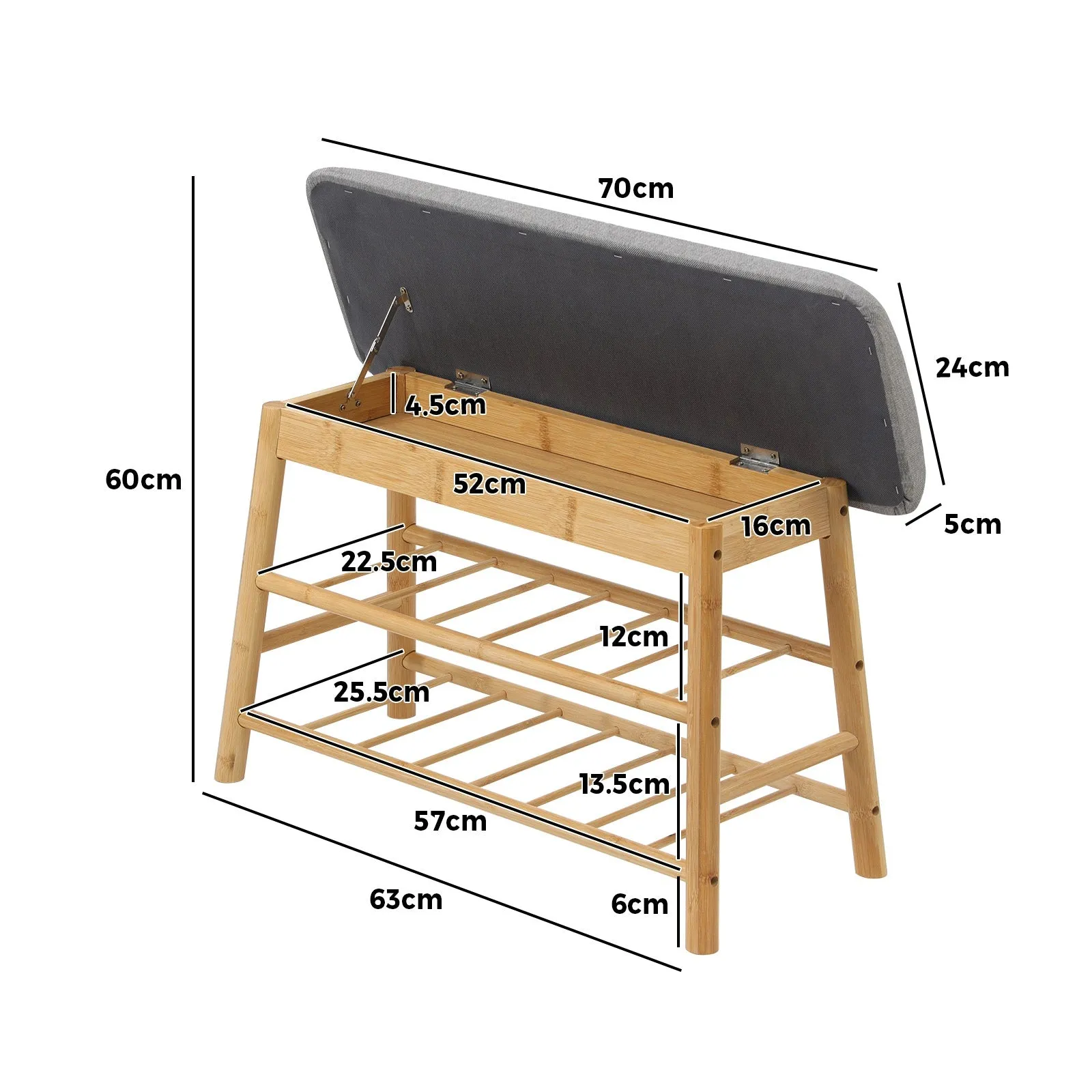 Oikiture Shoe Storage Bench Bamboo Shoes Rack Cabinet Shelf Organiser Stool 70cm