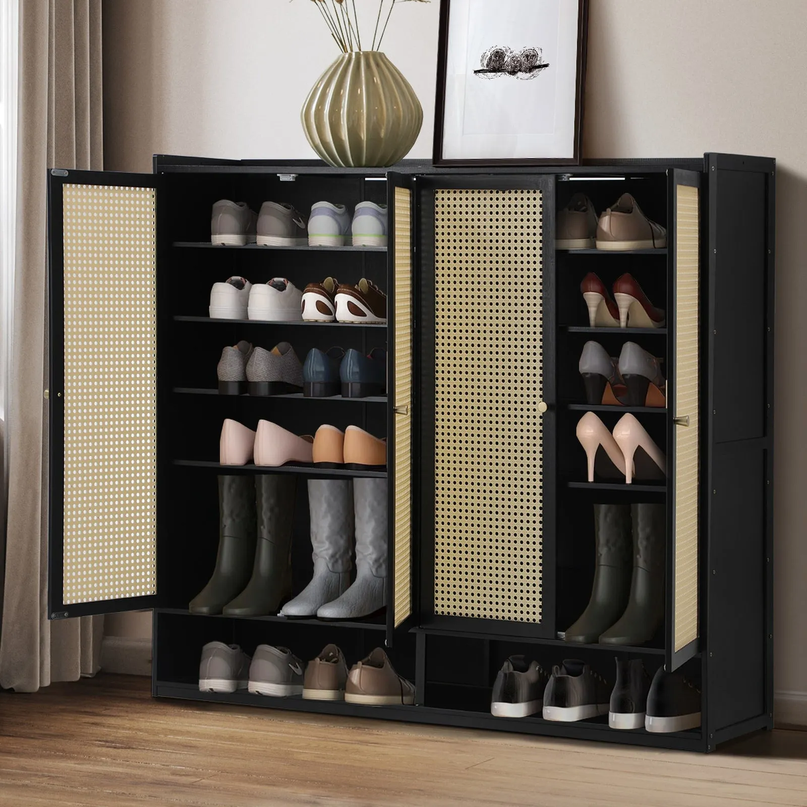 Oikiture Shoe Storage Cabinet Shoes Rack Organiser Shelf 4 Doors Rattan Black