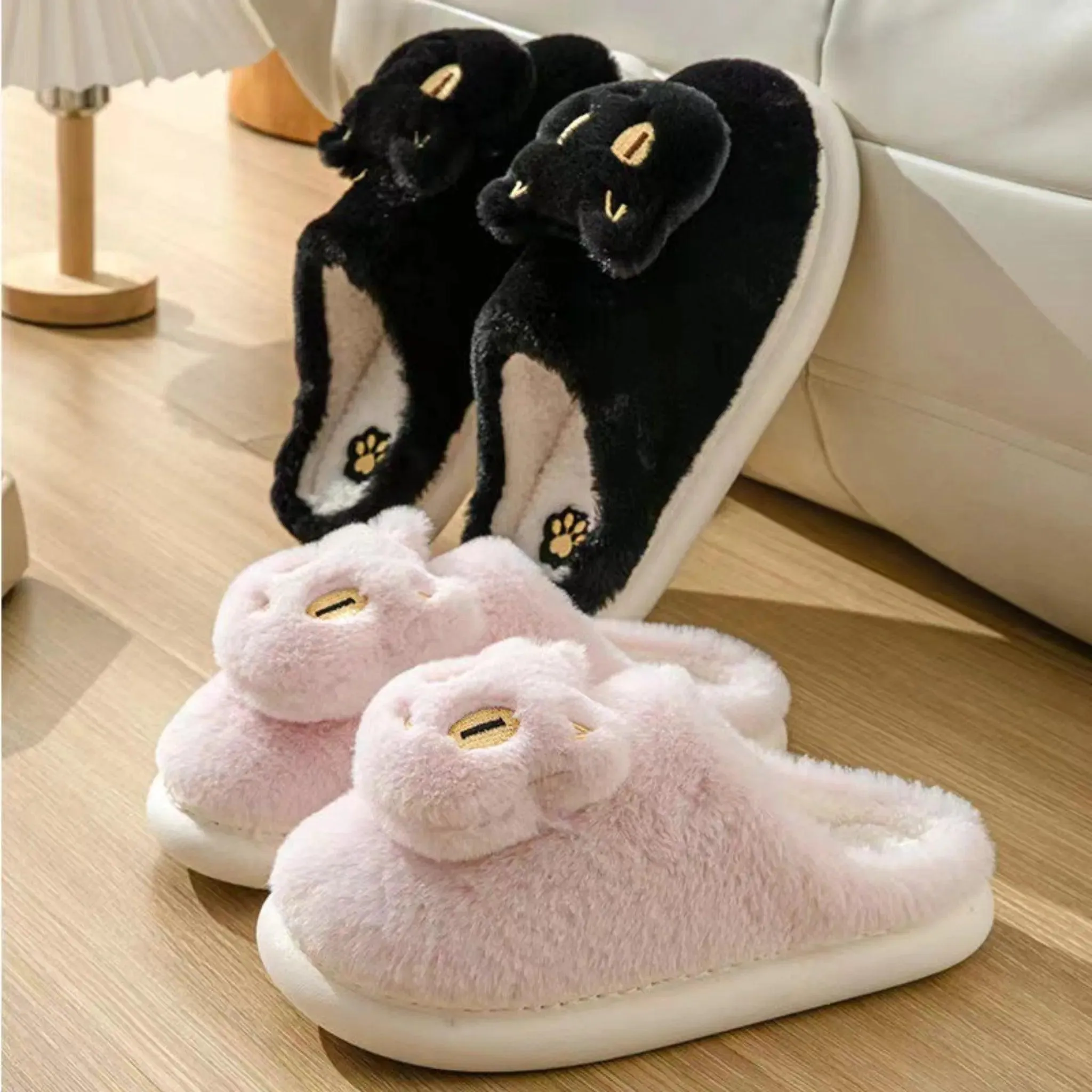 Plush Cat Face Slippers – Soft & Cozy Slip-On Winter House Shoes