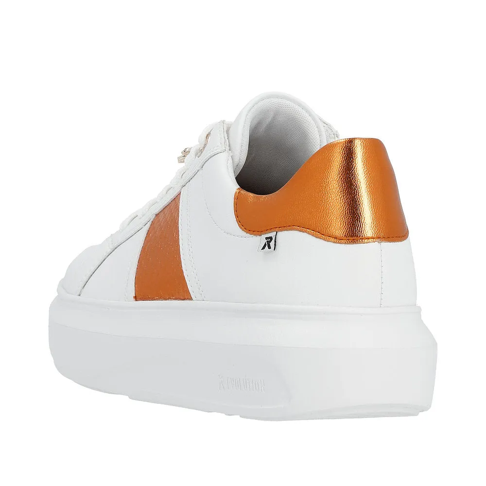 Rieker W1202-80 Adelia Ladies White & Orange Leather Lace Up Trainers