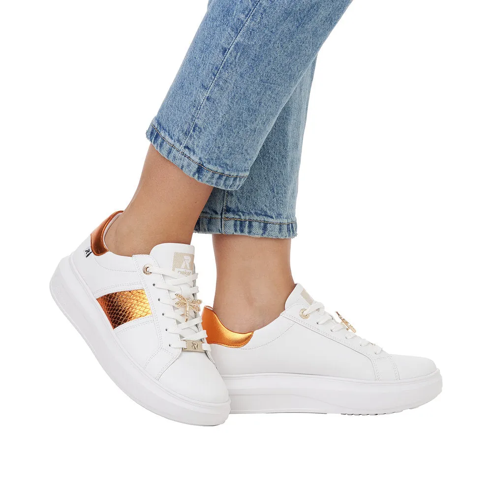 Rieker W1202-80 Adelia Ladies White & Orange Leather Lace Up Trainers