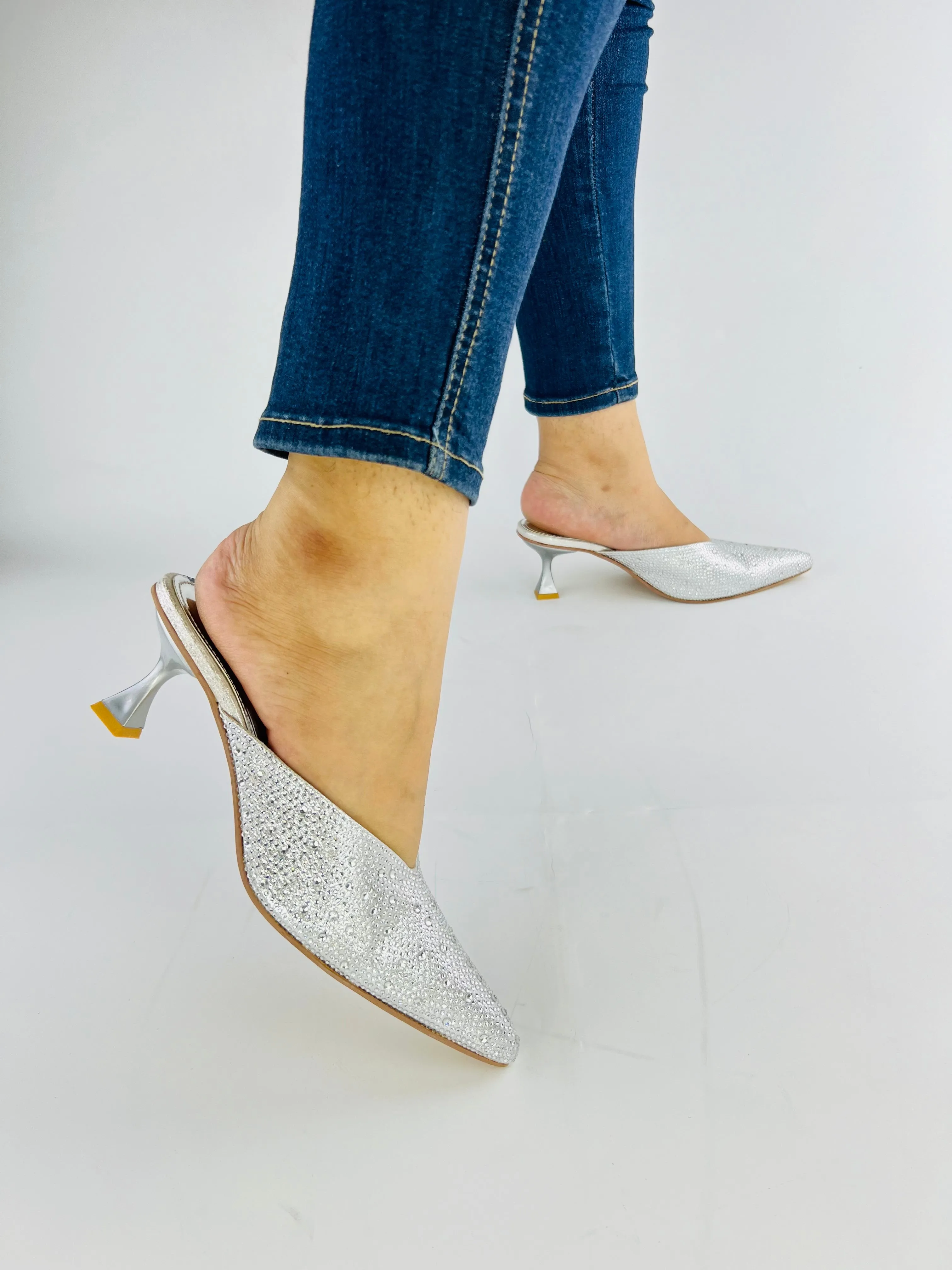 Spunkz Silver Shiny Crystal Stones Pointed Toe Mules