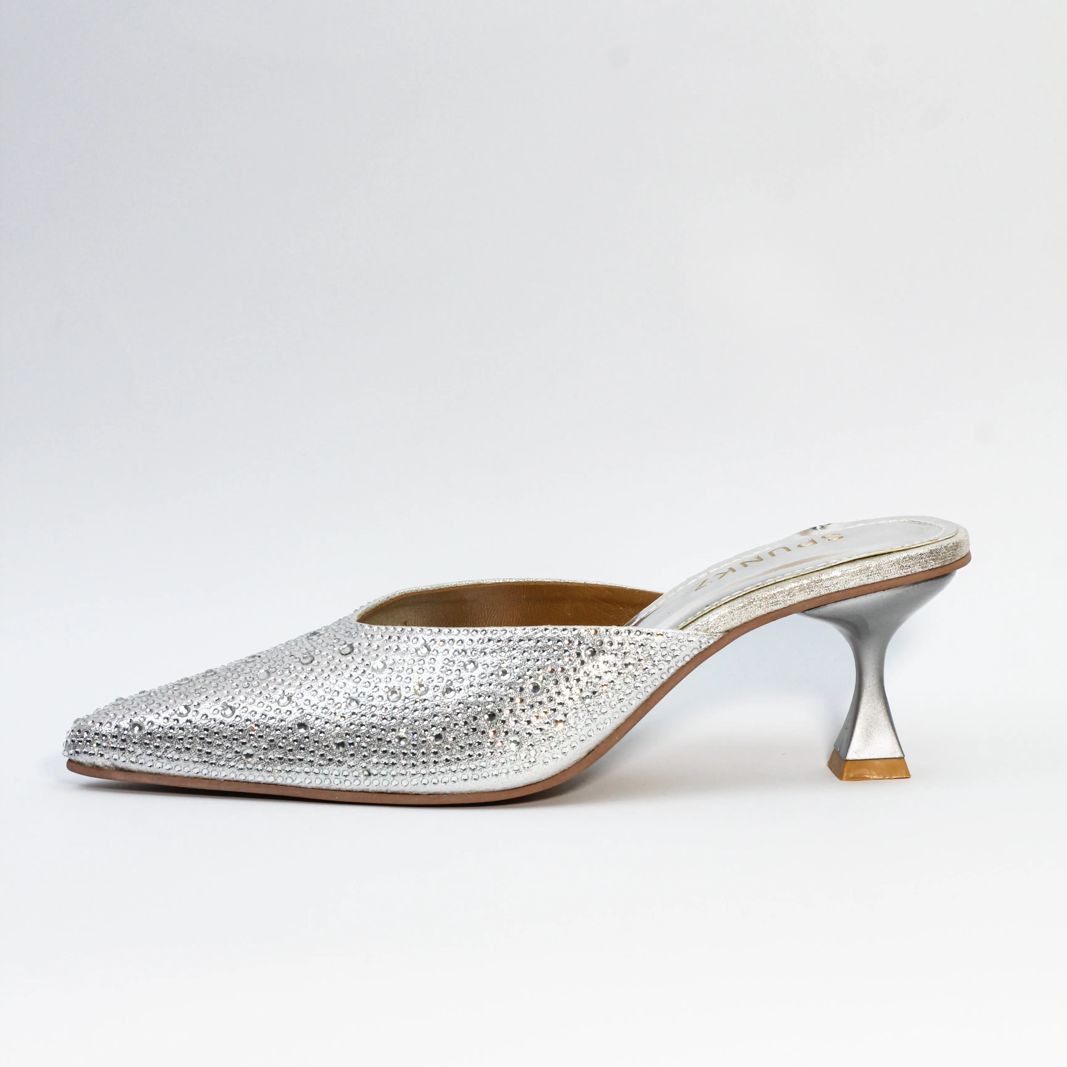 Spunkz Silver Shiny Crystal Stones Pointed Toe Mules