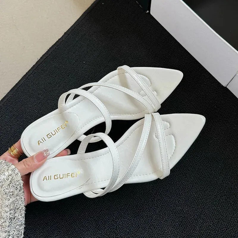 TAVIMART  -  Female Pointed Toe Slippers Fashion T-Strap Women Wedges Heeled Sandals Shoes Footwear Ladies Low Heel Sandals Shoes Mules