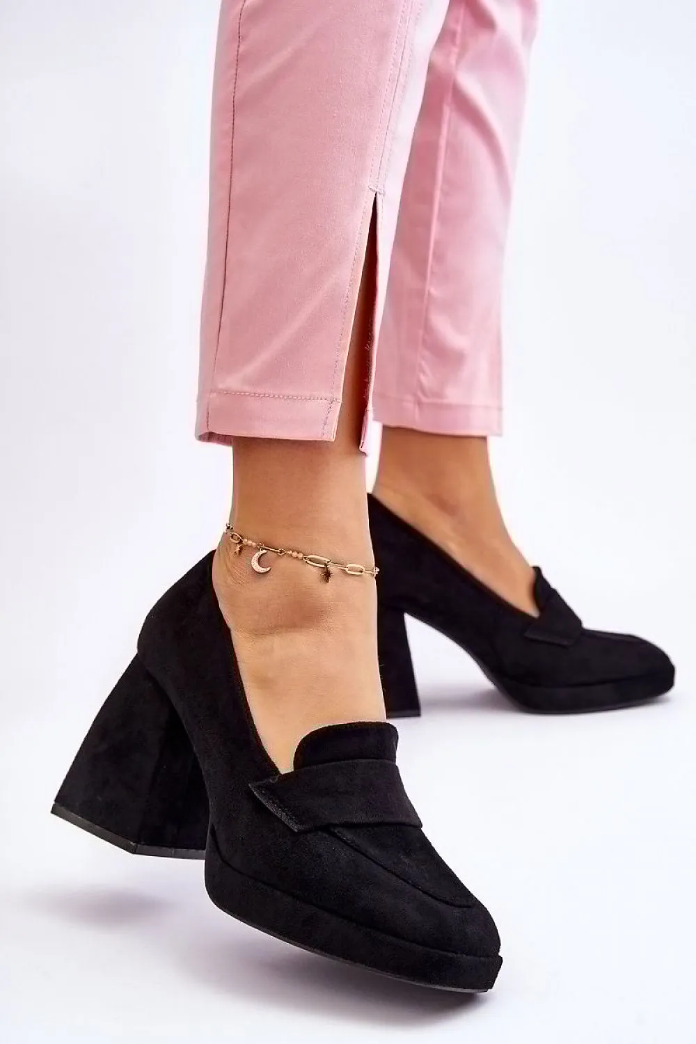 TEEK - Black Eco-Suede Heeled Loafer Pumps