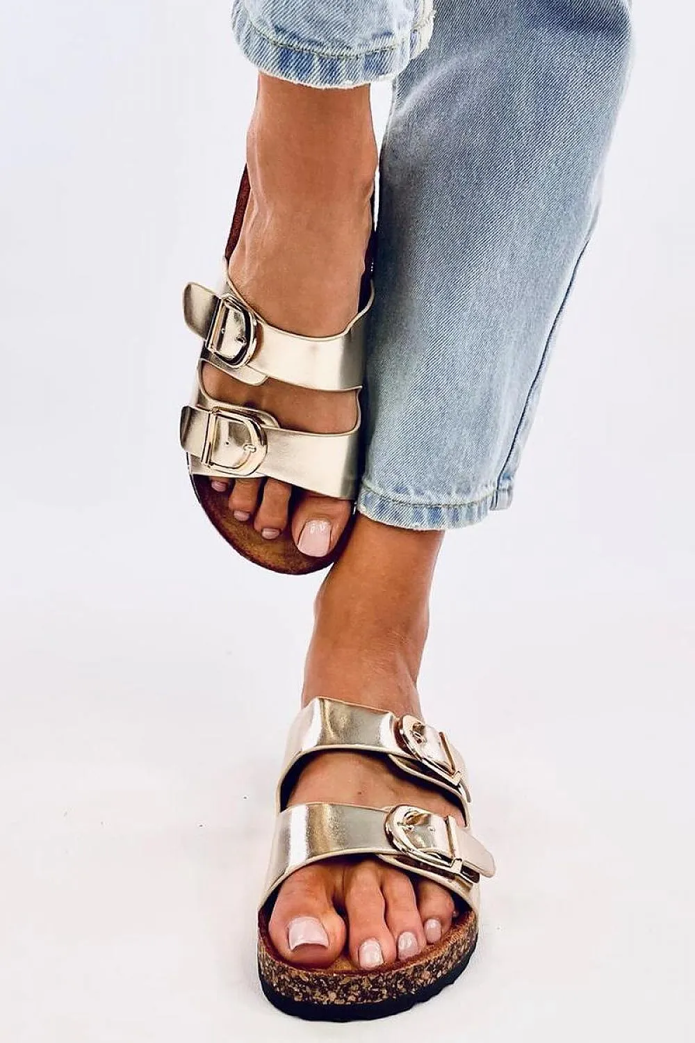 TEEK - Gold Double Buckle Cork Sole Sandals