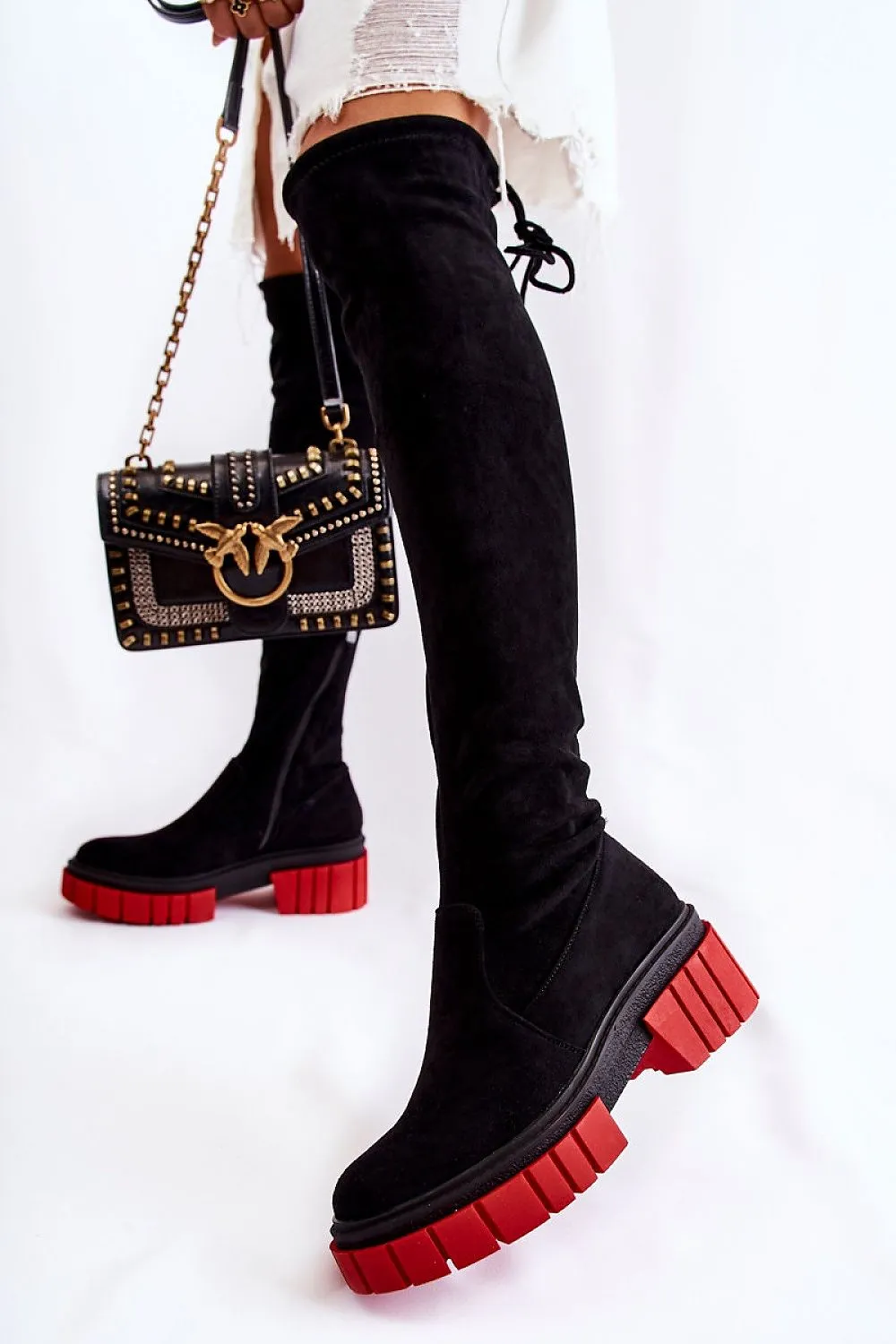 TEEK - Red Line Black Thigh-High Drawstring Boots