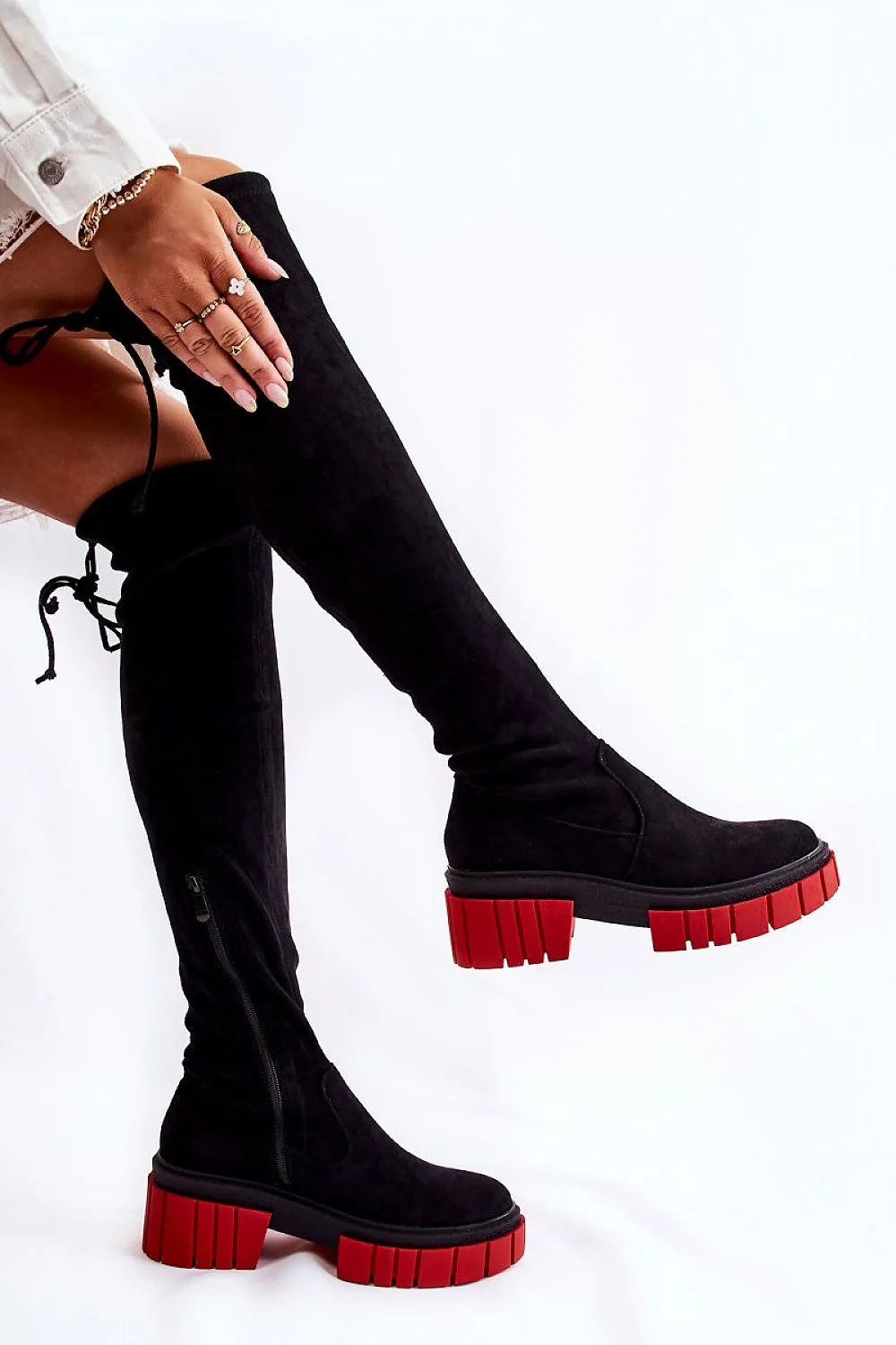 TEEK - Red Line Black Thigh-High Drawstring Boots