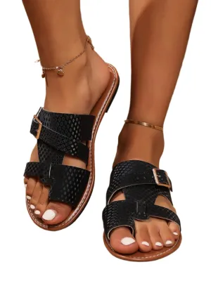 TEEK - Strappy Buckle Leather Open Toe Flat Sandals