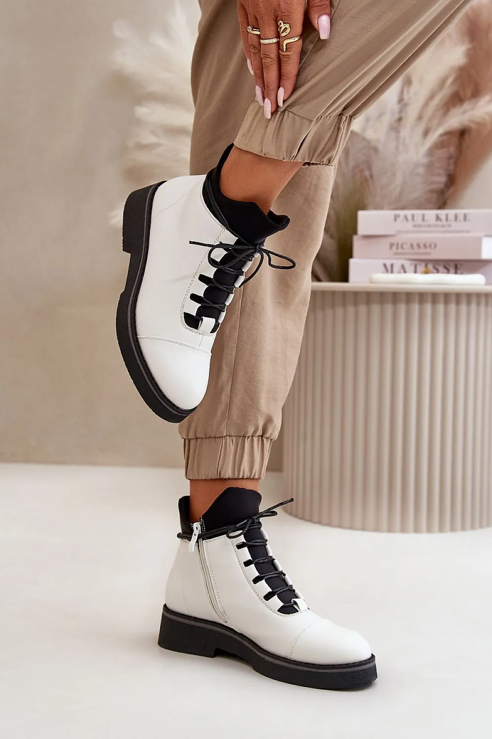 TEEK - White Laced Up Contrast Boots