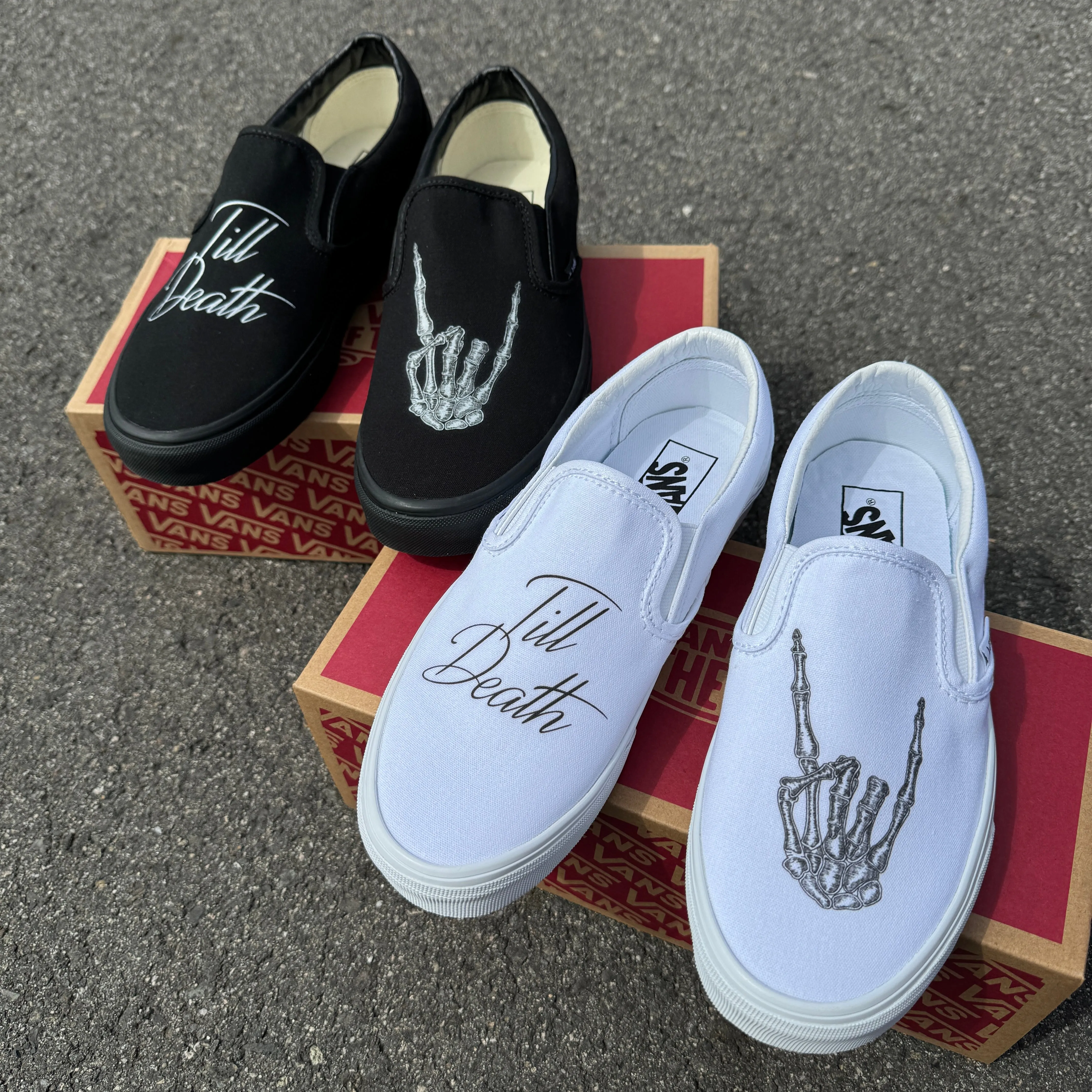 Till Death Custom Wedding Vans Black/Black Slip On Shoes for Men and Women