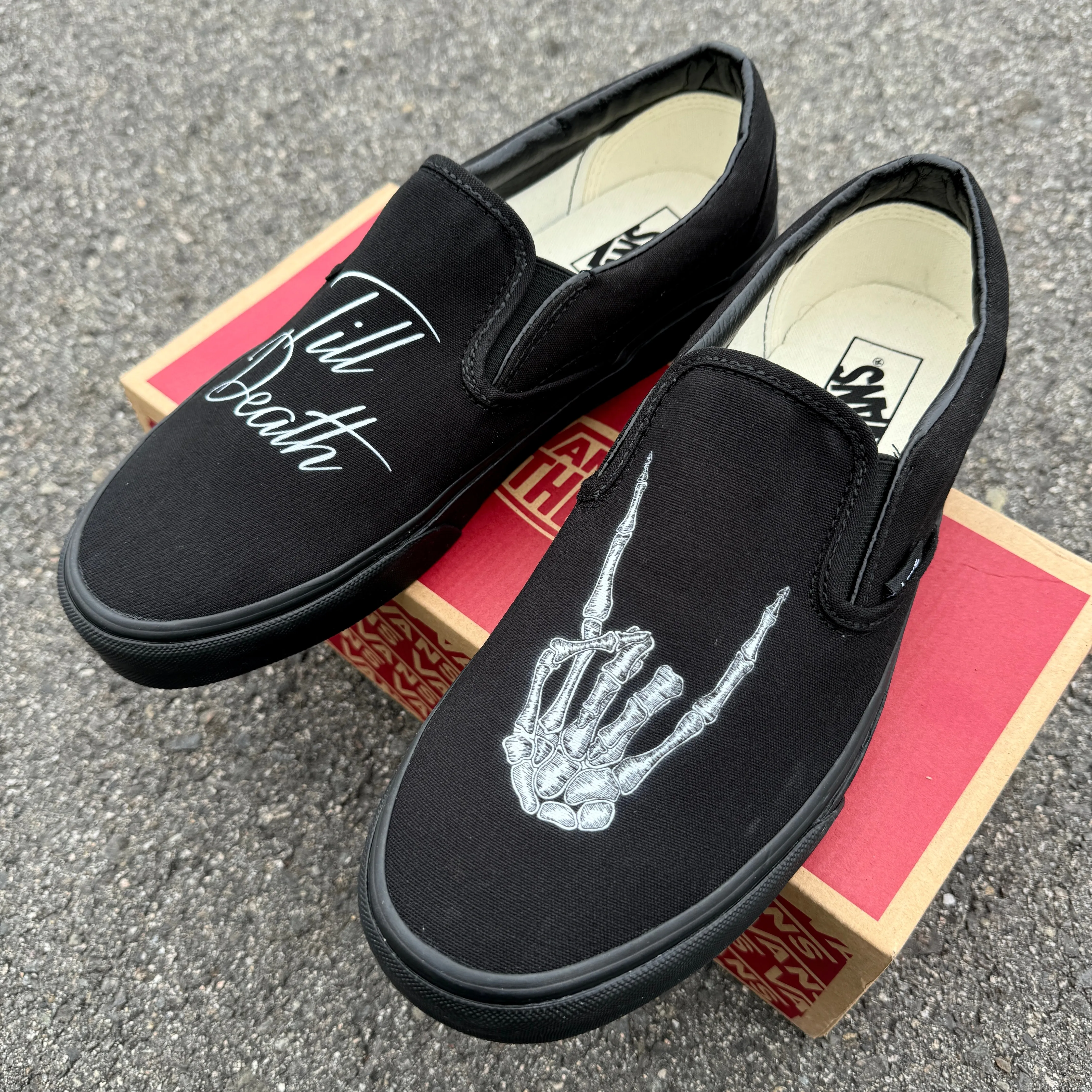 Till Death Custom Wedding Vans Black/Black Slip On Shoes for Men and Women