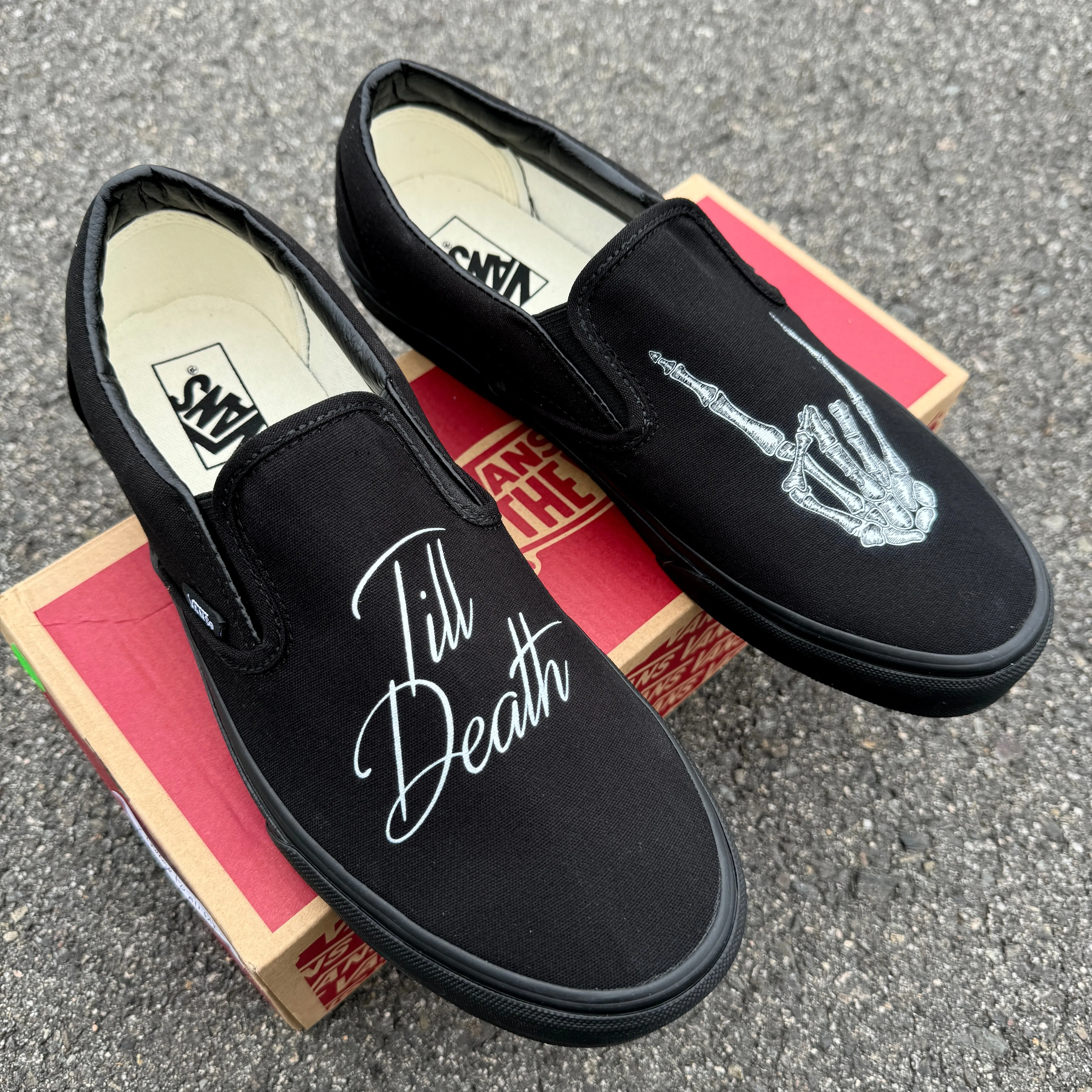 Till Death Custom Wedding Vans Black/Black Slip On Shoes for Men and Women