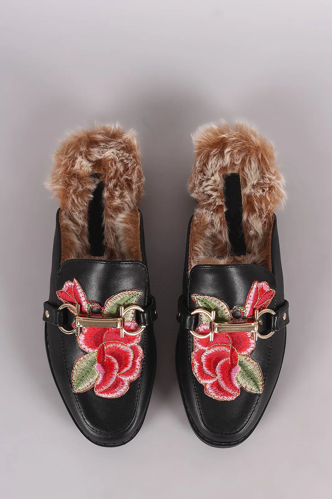 Wild Diva Lounge Embroidered Floral Horsebit Mule Flat