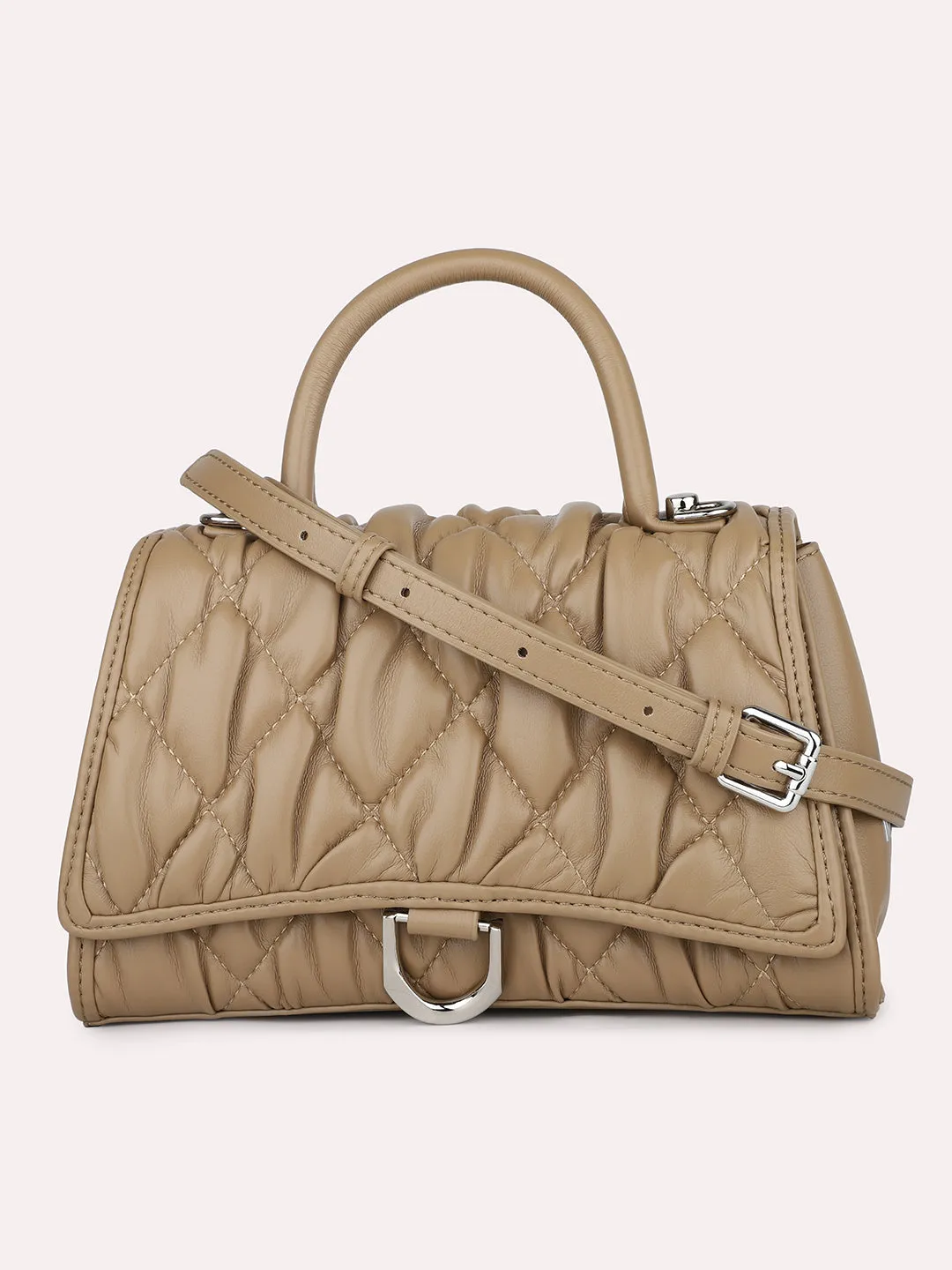 Women Khaki Quilted Textured Structured Handheld Bag with Sling