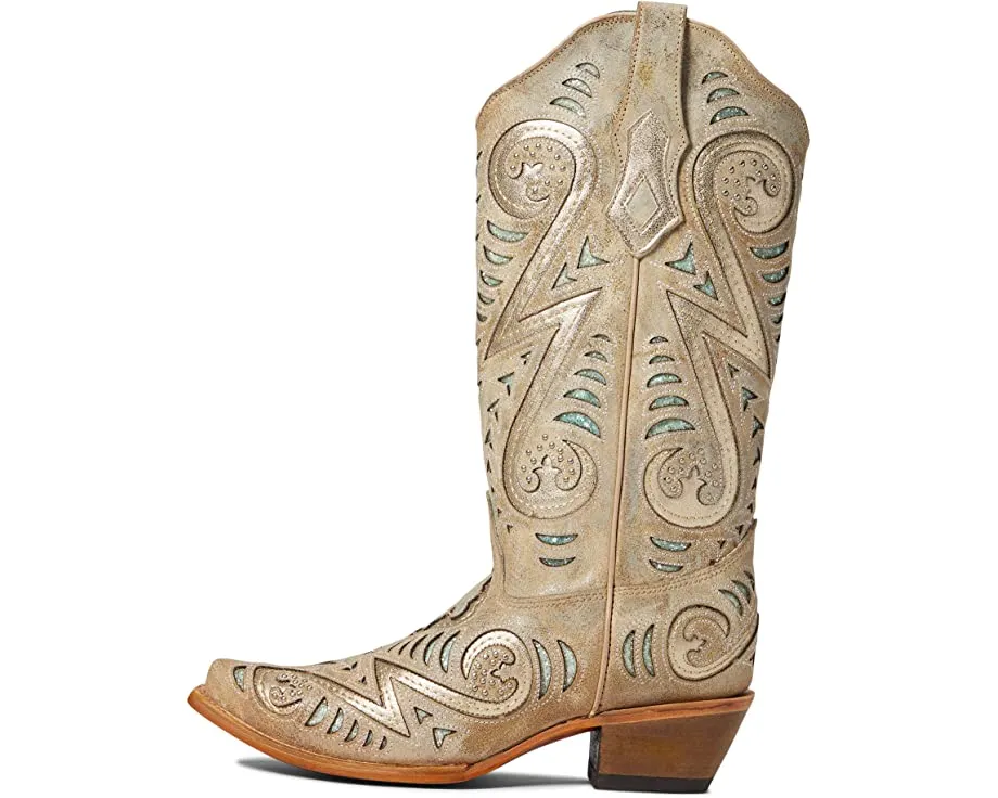 Women's Corral Bone Inlay with Embroidery and Studs Snip Toe Boot