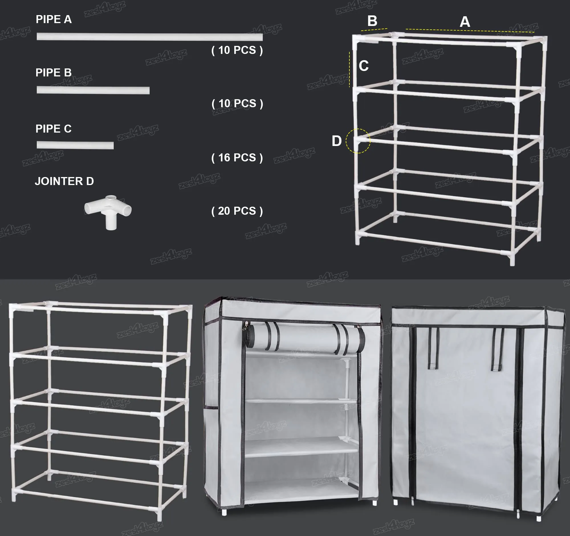 Zest 4 Toyz 6 Shelves Shoe Rack Cabinet Zip Door Cover Side Pockets Collapsible Shoes Shelf/Shoerack Multiuse Storage Organizer for Footwear Toys Clothes(Non Woven Fabric) Grey